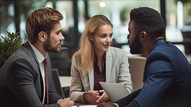 Bürokollegen diskutieren während eines Treffens in einem Konferenzraum eine Gruppe von Männern und Frauen sind