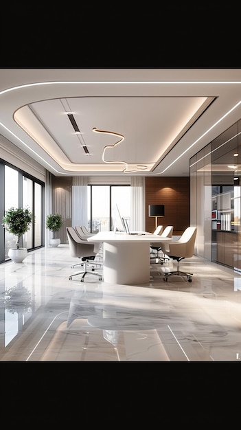 Büroraumdesign im modernen minimalistischen Stil Viel Platz und erfordert ein Highend-Gefühl und breite Blickwinkel Große Flächen der Decke und der Wände sind weiß