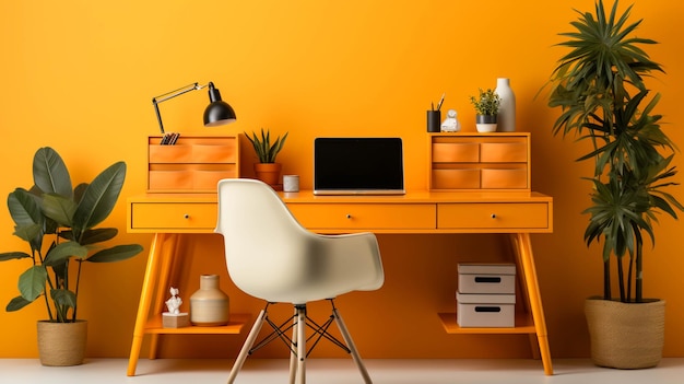Büroschreibtisch vor leerem Stuhl auf orangefarbenem Hintergrund