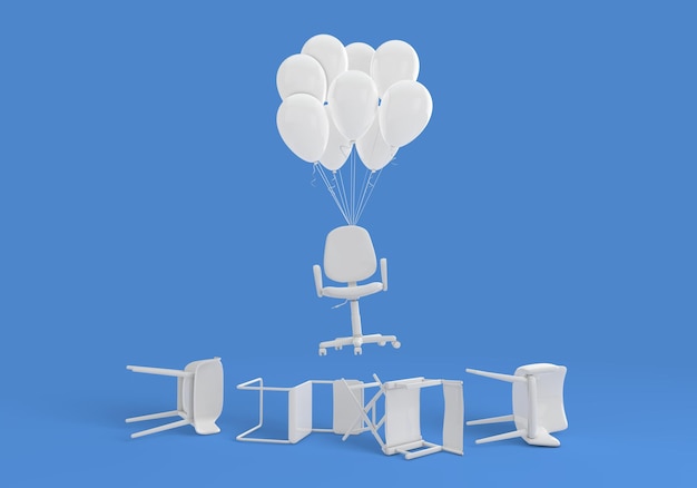 Bürostuhl an Luftballons befestigt Karriereentwicklung und Erfolgskonzept 3D-Rendering