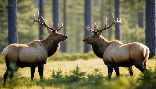 un buey con cuernos delante de un bosque