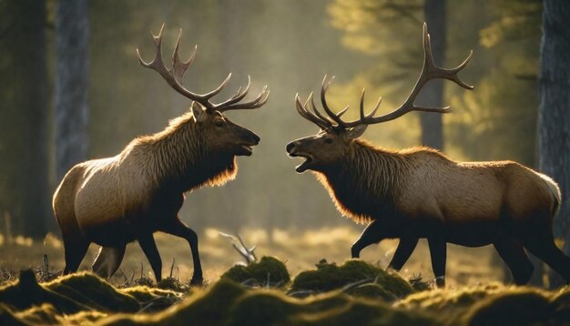 un buey con cuernos delante de un bosque