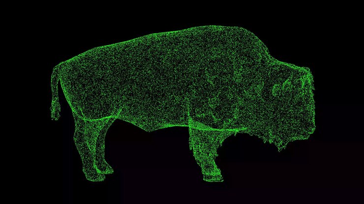 Foto búfalo 3d sobre fondo negro objeto hecho de partículas brillantes concepto de animales salvajes para la presentación del texto del título animación 3d