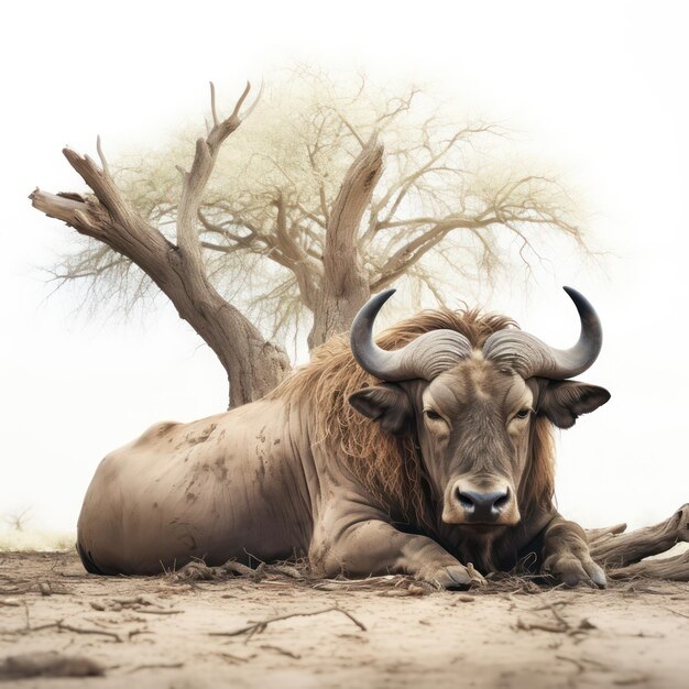 Foto un búfalo acostado con un árbol