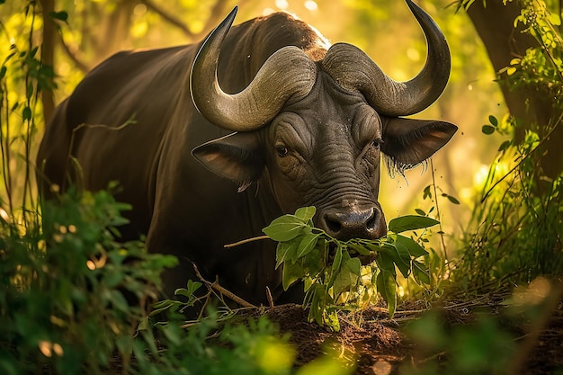 un búfalo africano Syncerus caffer comiendo hierbas en un bosque verde y mágico