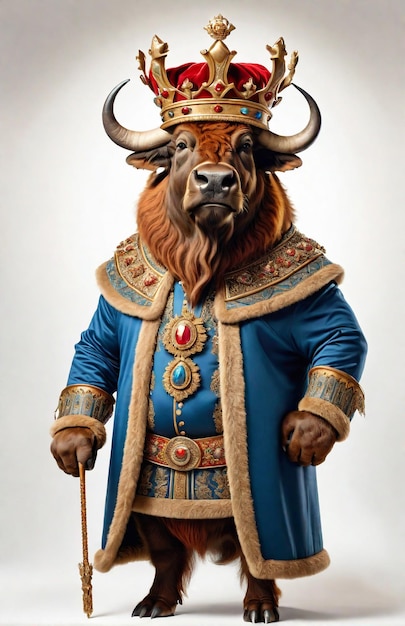 Búfalo caricatura antropomórfica vestindo roupas de um rei e uma coroa de pé em todo o corpo