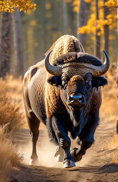 Búfalo correndo na pista de fundo natureza do deserto vida selvagem e neve