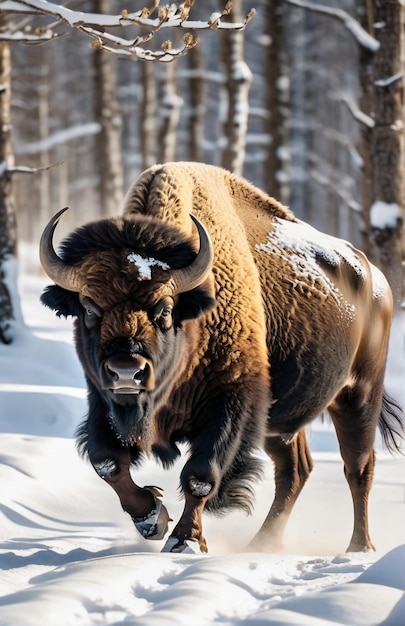 El búfalo corriendo en la pista de fondo la naturaleza del desierto la vida silvestre y la nieve