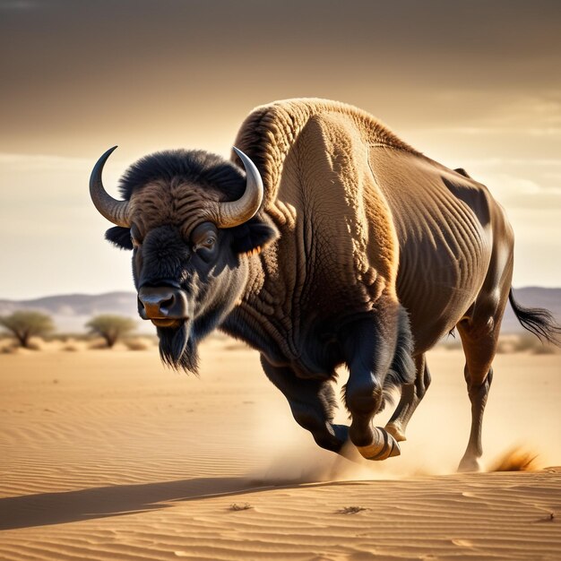 El búfalo corriendo en la pista de fondo la naturaleza del desierto la vida silvestre y la nieve