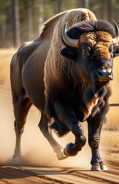 El búfalo corriendo en la pista de fondo la naturaleza del desierto la vida silvestre y la nieve