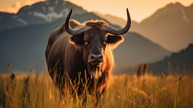 Búfalo de montanha de pé na grama verde contra o fundo de montanhas e pôr-do-sol