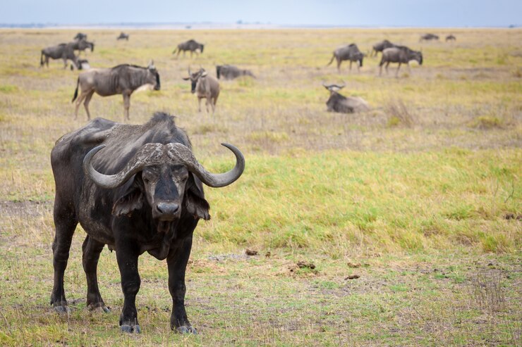 Búfalo em pé na savana do Quênia