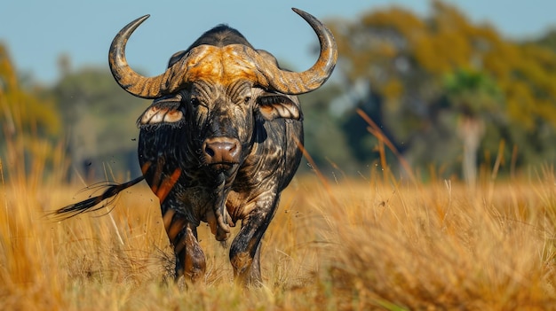 Un búfalo enojado en la sabana africana