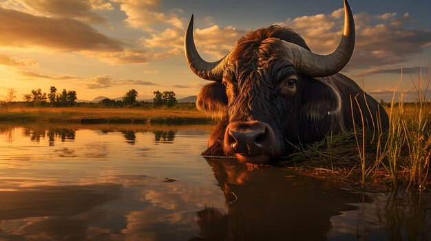 Búfalo estoico haciendo una pausa contemplativa junto a un lago reflectante