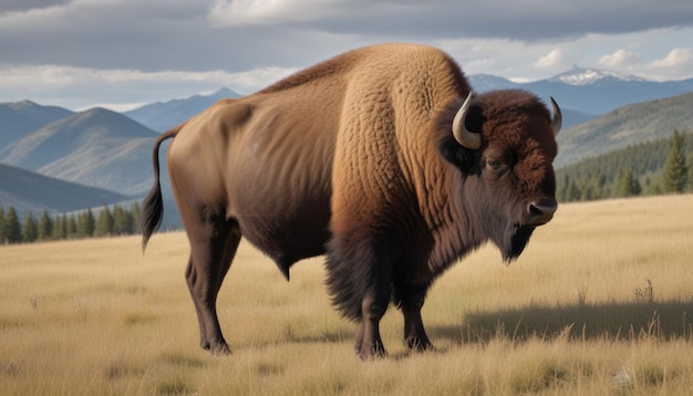 un búfalo con una etiqueta en su oreja está de pie en un campo con montañas en el fondo