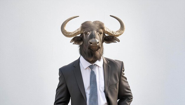 Un búfalo de negocios de pie alto con un traje que parece humano.