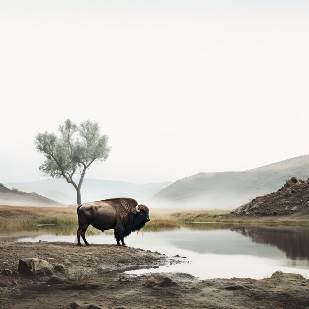 Foto búfalo solitario cerca del agua