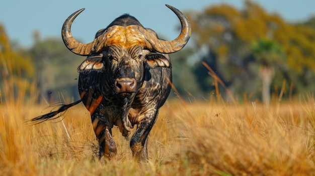 Búfalo zangado na savana africana