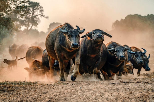 Los búfalos caminando por el camino de tierra