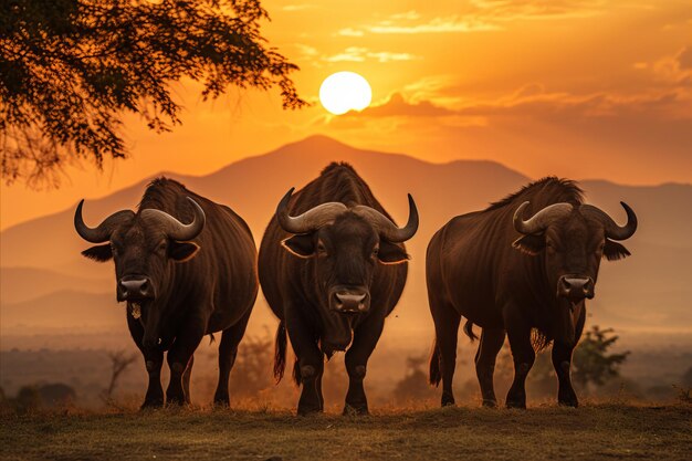 Los búfalos salvajes pastando en la brillante sabana africana durante la impresionante puesta de sol