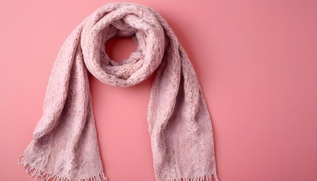 Bufanda blanca sobre un fondo rosado Ropa de invierno de comodidad tela de punto y concepto acogedor