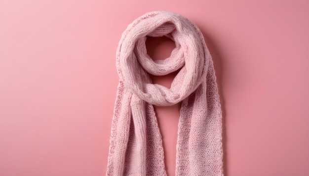 Bufanda blanca sobre un fondo rosado Ropa de invierno de comodidad tela de punto y concepto acogedor