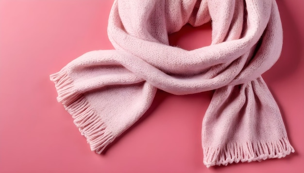 Bufanda blanca sobre un fondo rosado Ropa de invierno de comodidad tela de punto y concepto acogedor