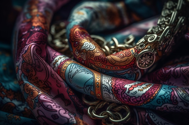 Una bufanda colorida con una cadena que dice "la palabra amor"