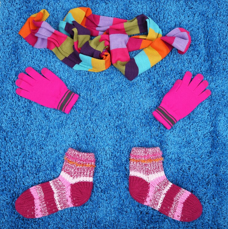 Foto bufanda de invierno, guantes y calcetines, sobre superficie de color