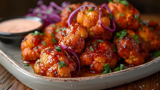 Buffalo Blumenkohlbissen in einer scharfen Sauce auf einem Teller Konzept Buffalo Blumen kohlbissen Scharfe Sauce pflanzlicher Appetizer Vegetarischer Snack