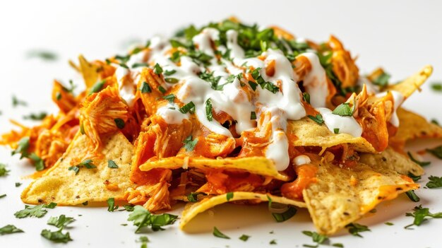 Foto buffalo chicken nachos vor einem weißen hintergrund