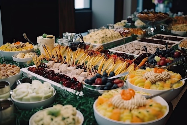 Buffet de bodas de catering con diferentes comidas, bocadillos y aperitivos Banquete de catering y decoración de alimentos en el restaurante Generado por IA