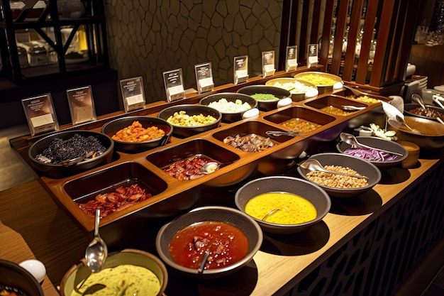 Buffet com variedade de molhos para acompanhar a seleção de pratos