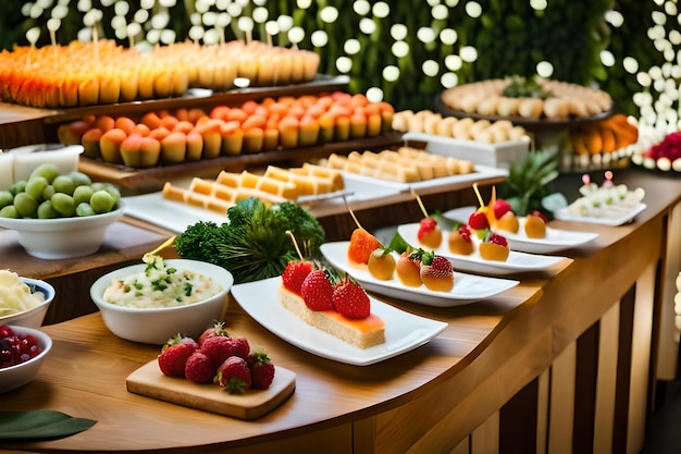 Un buffet de comida con fresas y fresas sobre una mesa.