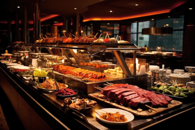 Buffet de catering interno em restaurante com carne grelhada