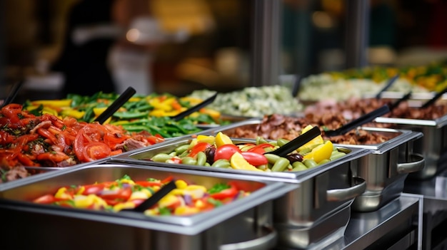 buffet de catering interno em restaurante com frutas e legumes coloridos de carne