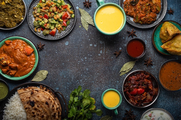 Buffet de comida étnica indiana na mesa de concreto acima do espaço da cópia
