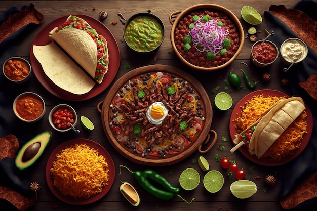 Buffet de comida mexicana com opções de combinação de carne ensopada de burrito birria ou três tacos servidos com molho guacamole e jalapeno grelhado visível de cima