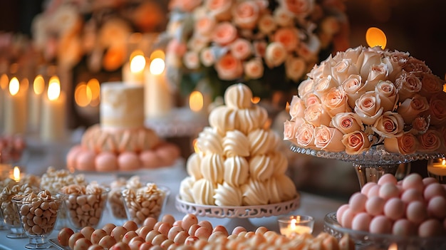 Buffet de dulces para la boda con adornos dulces