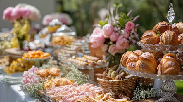 Buffet de fiesta en el jardín con variedad de pasteles bocadillos carnes frías y decoraciones florales