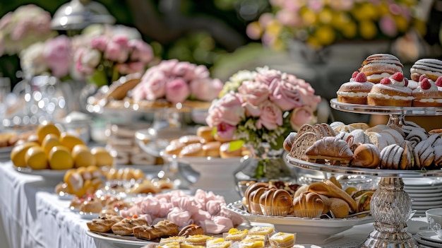 Buffet de fiesta en el jardín con variedad de pasteles, bocadillos, productos horneados y decoración floral