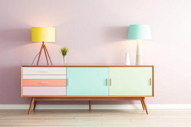 Buffet moderno de meados do século decora uma sala de jantar retrô em cores pastel apagadas design de interiores para casa o