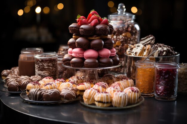 Buffet de postre con una fuente de chocolate rosquillas y dulces