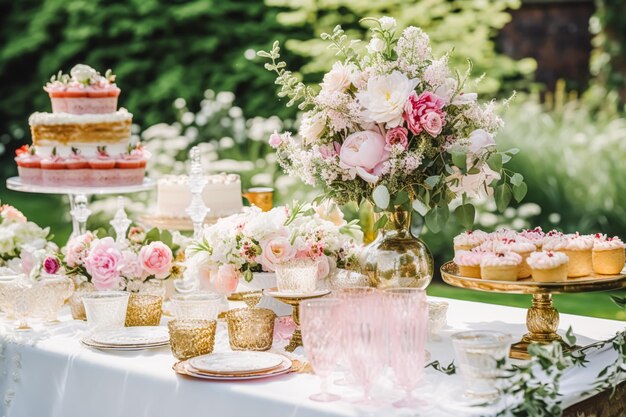 Buffet de postres con flores de peonía catering para bodas y celebraciones navideñas tartas y postres en un jardín campestre ai generativo