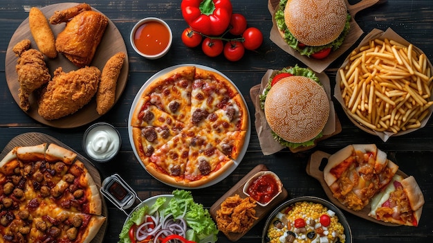Buffet-Tisch-Szene mit Take-out- oder Liefergeldern Pizza-Hamburger gebratenes Huhn und Seiten Überblick auf einem dunklen Holzhintergrund