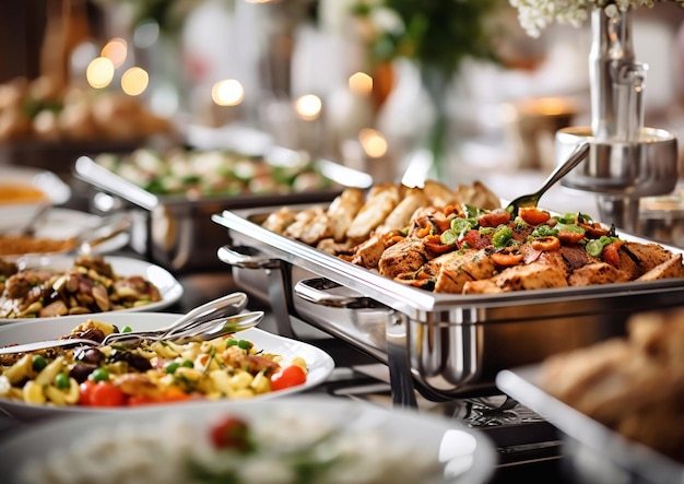 Buffet variado de comida fría y caliente para diversos eventos, bodas y otros huéspedes del hotel.