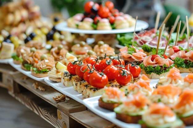 Buffet variedade de canapés deliciosos aperitivos comida de catering