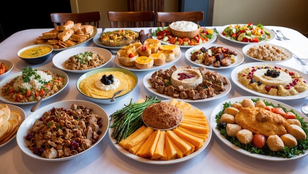 Un buffet vibrante con diversos platos para celebraciones y reuniones