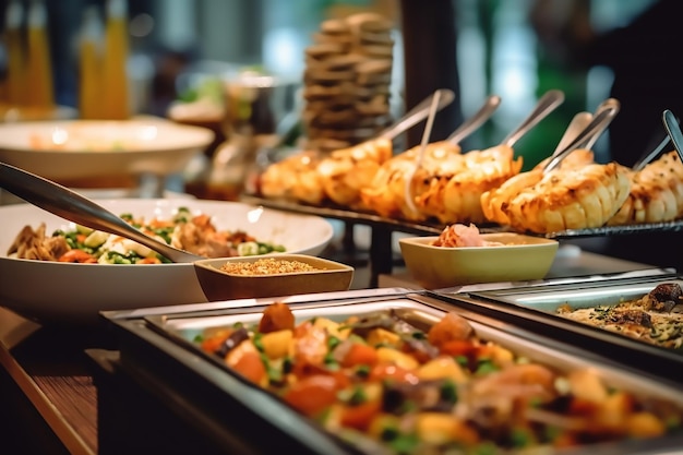 Buffettisch mit Speisen darauf, darunter Hühnerfleisch, Schweinefleisch und Gemüse