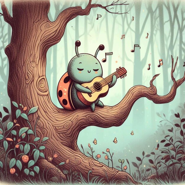 Bug fofo toca guitarra em uma árvore na floresta